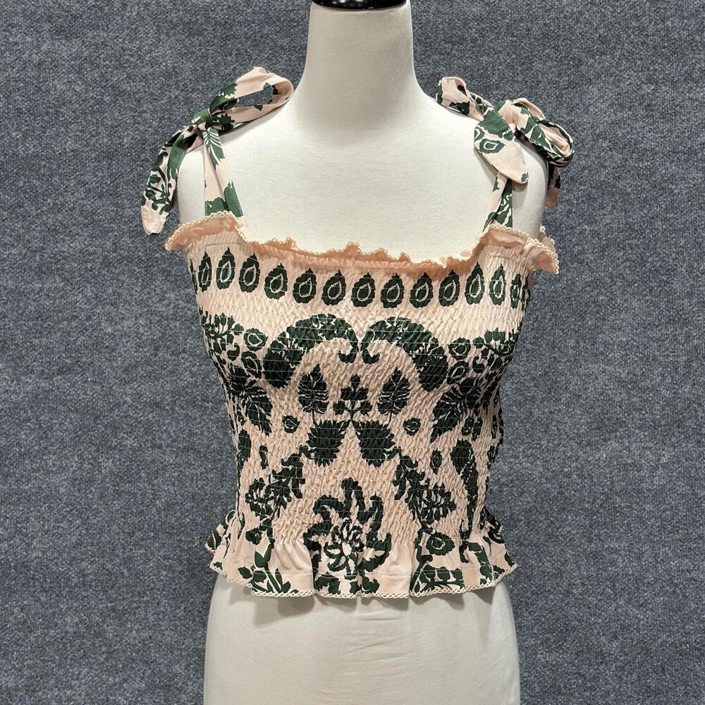 Sandro Tank Top Womens 2 Pink Green Floral Smocked Tie Strap Camisole Boho